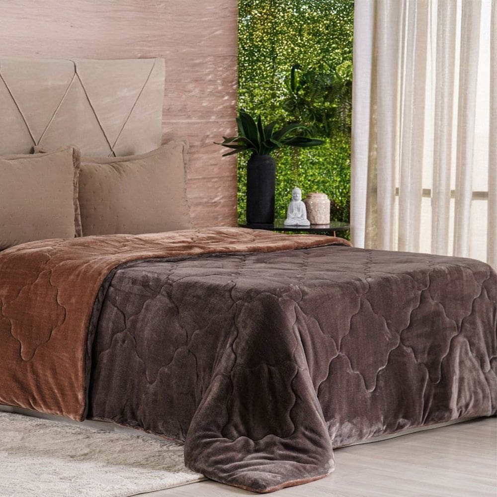 Edredom Casal Plush Bicolor Dupla Face Macio 100% Poliéster 180x220cm Marrom