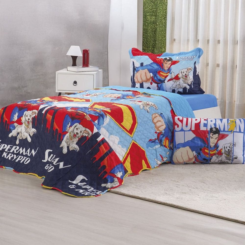 Kit Colcha Solteiro Superman 100% Poliéster 160x220cm Bene Casa