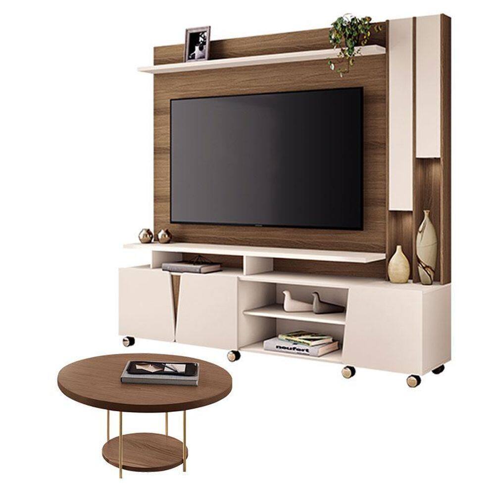 Estante Home Theater Virtus Castanho Off White com Mesa de Centro Sky Castanho - HB Móveis