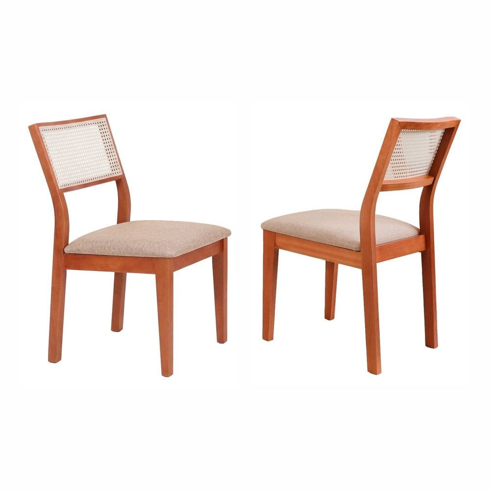 Kit 2 Cadeiras Madeira Maciça com Estofado e Fibra Natural Rattan Maya Espresso Móveis Cinamomo/Bege