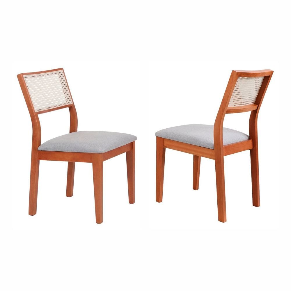 Kit 2 Cadeiras Madeira Maciça com Estofado e Fibra Natural Rattan Maya Espresso Móveis Cinamomo/Cinza