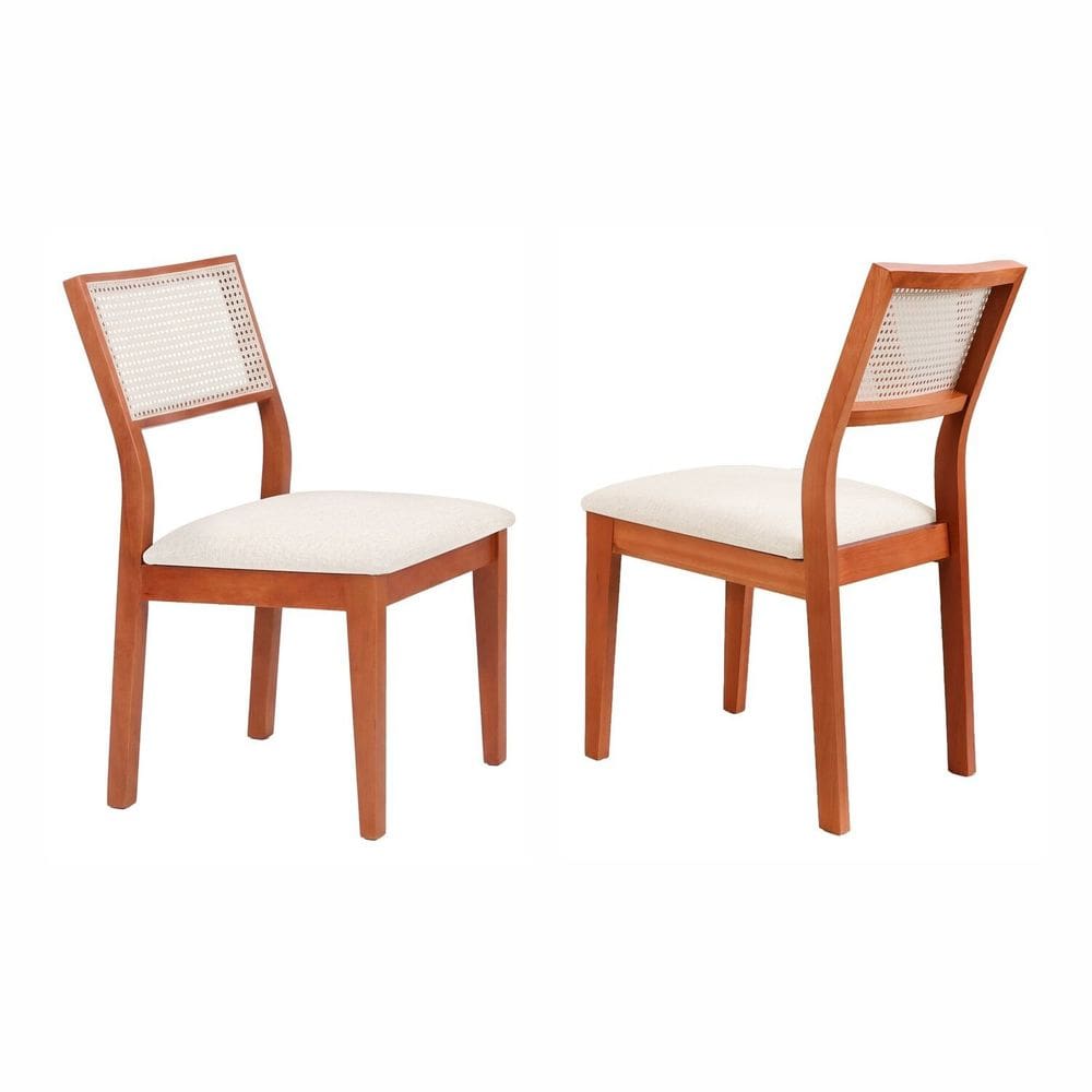 Kit 2 Cadeiras Madeira Maciça com Estofado e Fibra Natural Rattan Maya Espresso Móveis Cinamomo/Off White