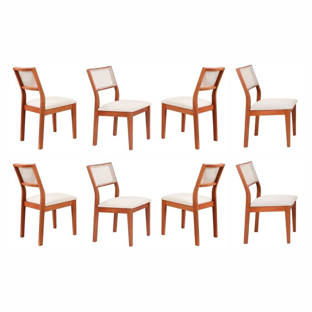 Kit 8 Cadeiras Madeira Maciça com Estofado e Fibra Natural Rattan Maya Espresso Móveis Cinamomo/Off White