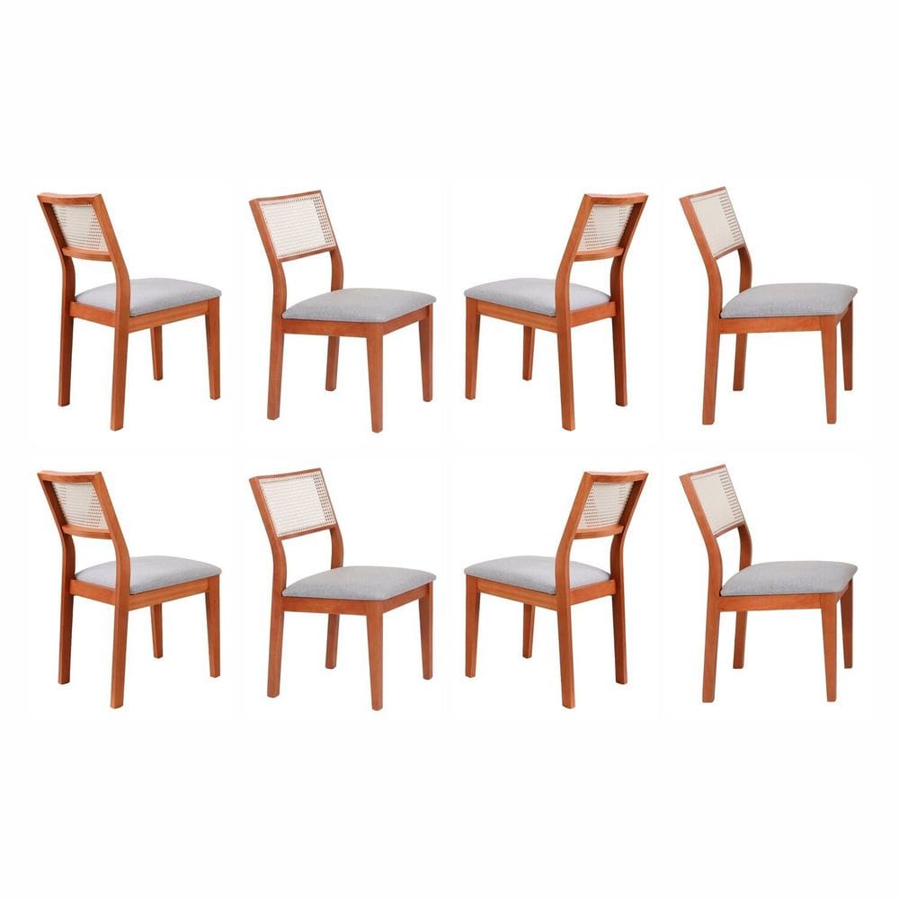 Kit 8 Cadeiras Madeira Maciça com Estofado e Fibra Natural Rattan Maya Espresso Móveis Cinamomo/Cinza