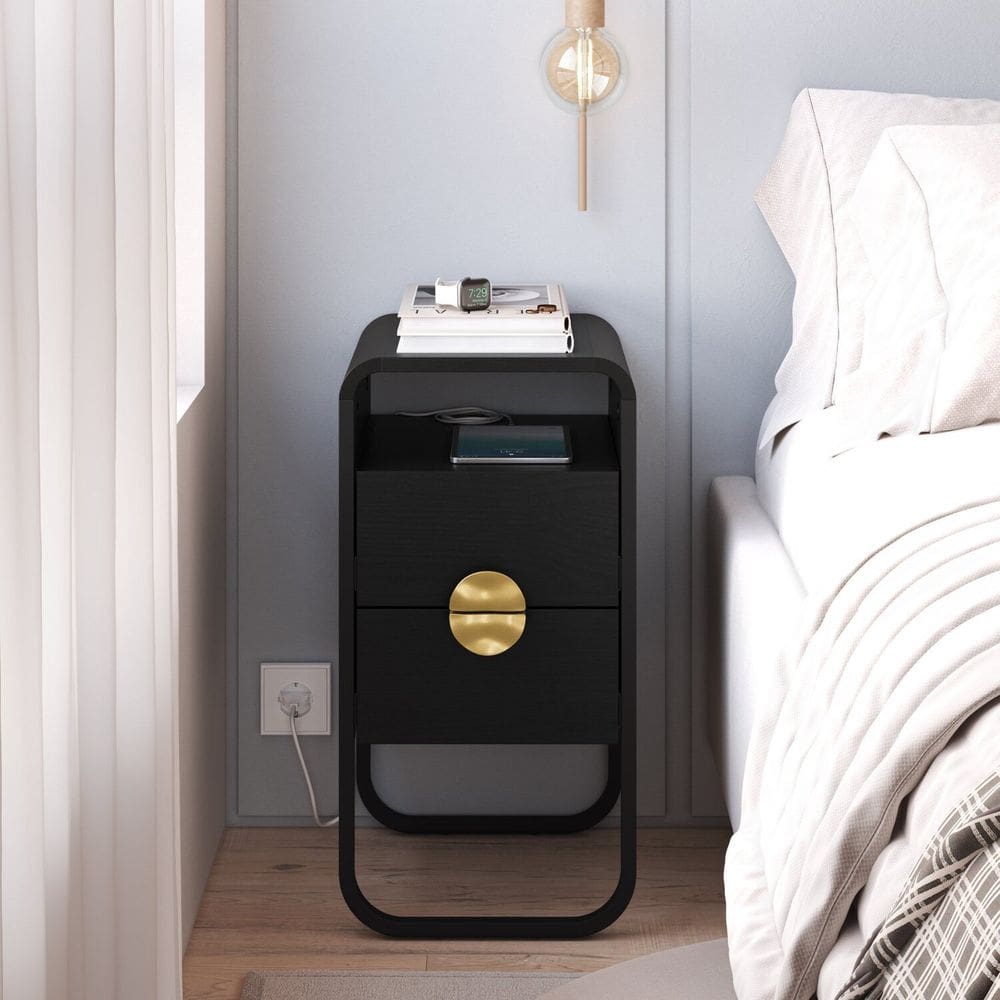 Mesa de Cabeceira 30cm 2 Gavetas Organica Pé Metal Luna Nero/Preto