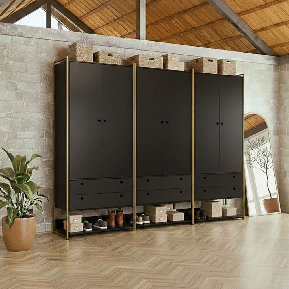 Guarda Roupa Closet Modulado Casal 6 Gavetas 3 Cabideiros Estrutura Metalica 250cm Olivar Preto Ac
