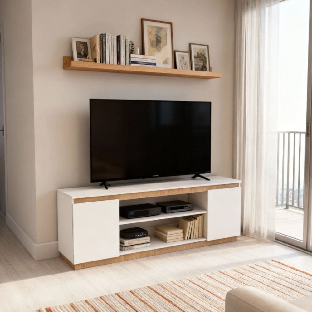 Rack Moderno 130cm para Tv com Porta Cava e Base com Rodapé Branco