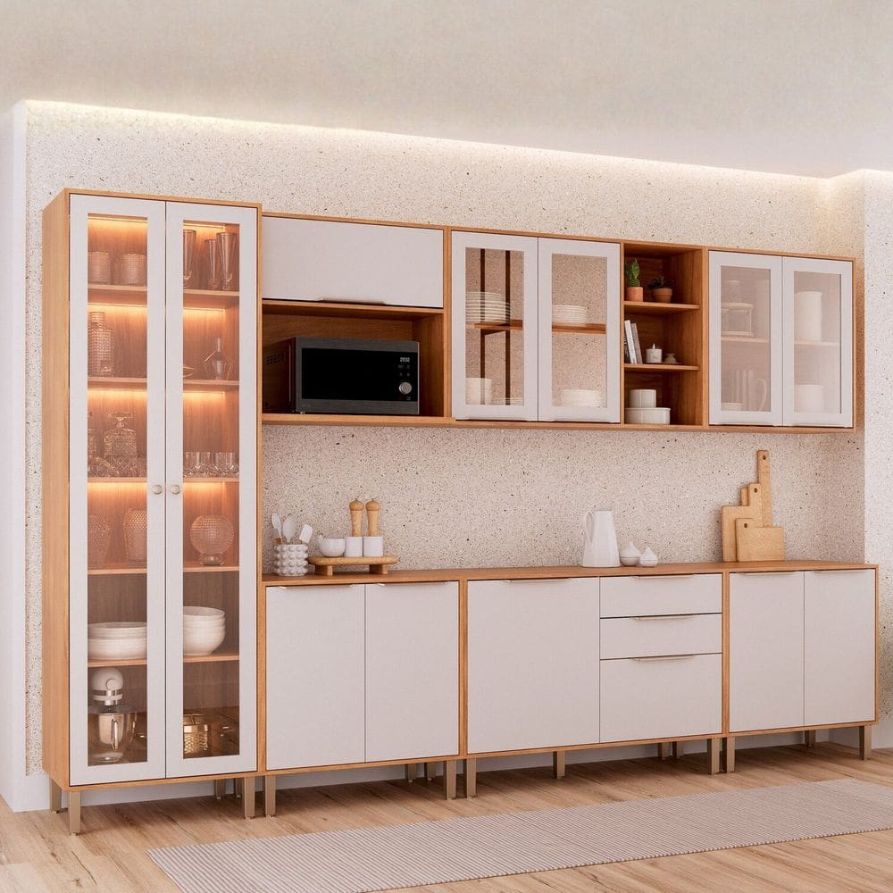 Cozinha Modulada 7 Peças Brilhante com 1 Cristaleira 3 Balcões 3 Armários Aéreo Cinamomo/Offwhite