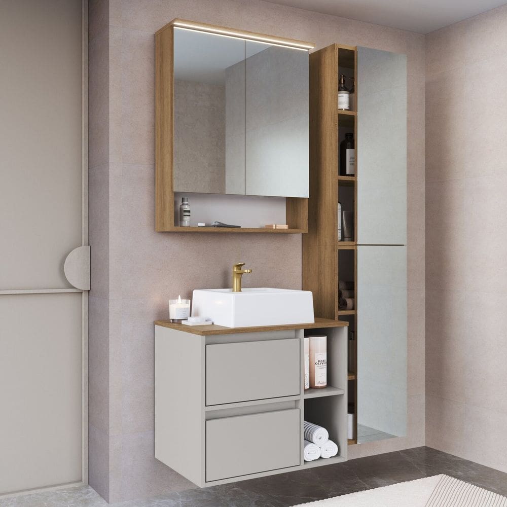 Conjunto Gabinete para Banheiro Suspenso 96cm com 4 Peças Iluminação em Led e Cuba Mel/Arenas