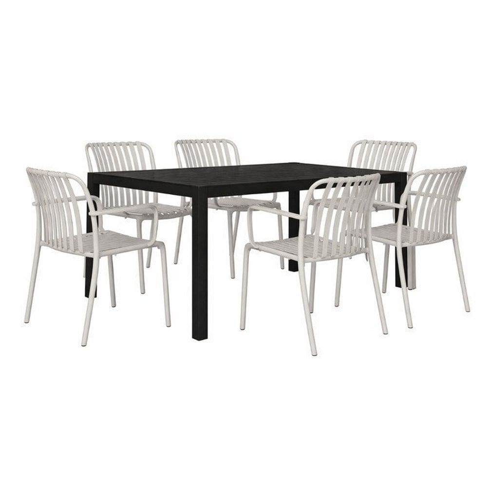 Kit 1 Mesa Creta 140x72cm e 6 Cadeira Tulum em Polipropileno Preto/Nude