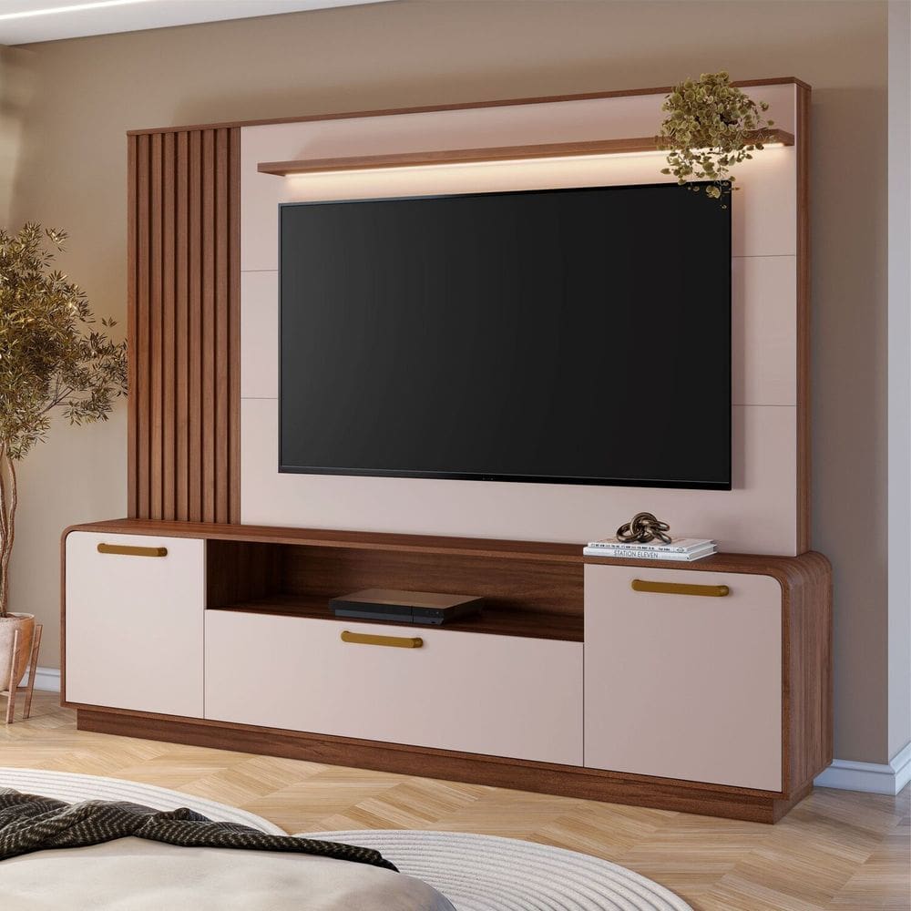 Estante Home 2,00m para Tv até 65” Detalhes Curvos e Ripados Avelã/ Off