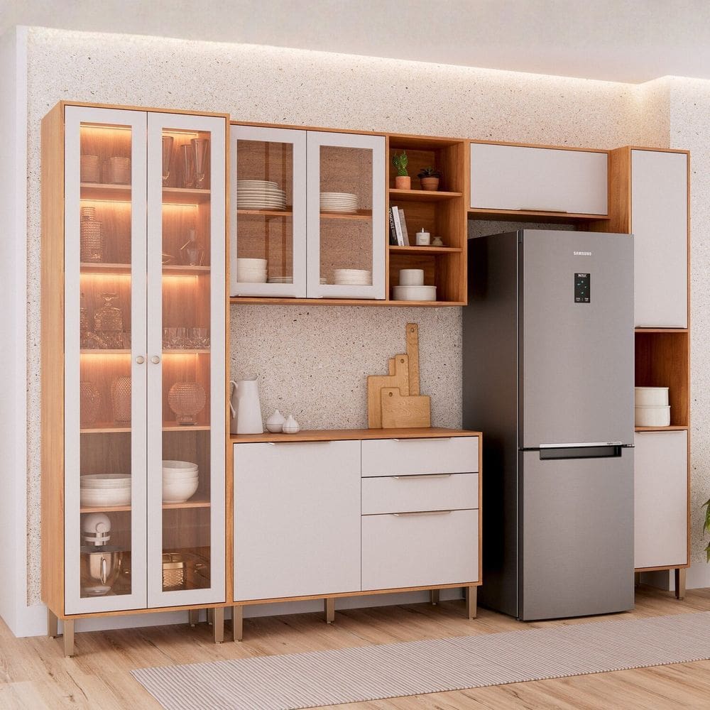 Cozinha Modulada 5 Peças com 1 Cristaleira 1 Balcão 2 Armários Aéreos e 1 Torre Brilhante Cinamomo/Off White