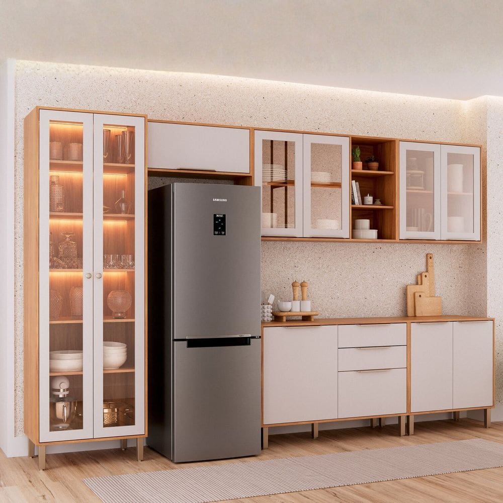 Cozinha Modulada 6 Peças com 1 Cristaleira 2 Balcões 3 Armários Aéreos Brilhante Cinamomo/Off White