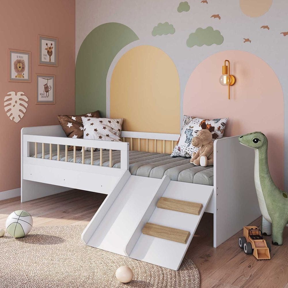 Cama Montessoriana de Solteiro com Escada e Escorregador 1,93 M para Quarto Infantil Branco