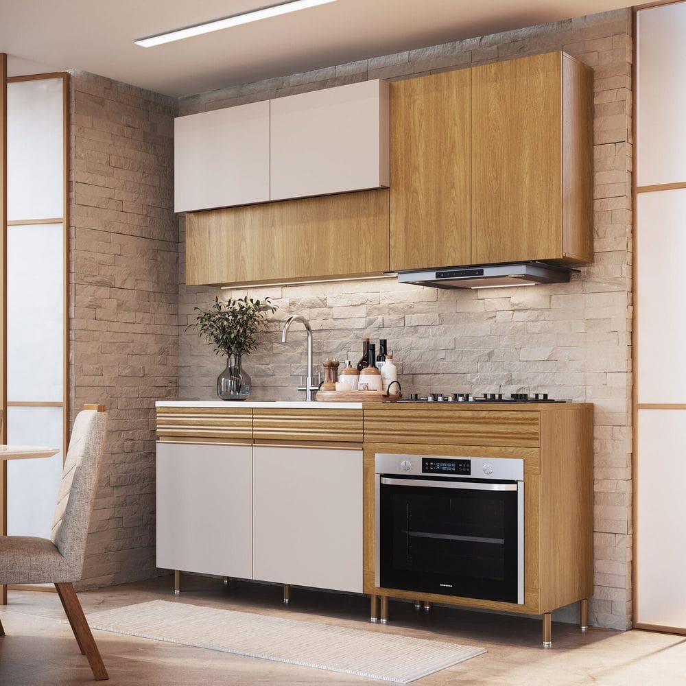 Cozinha Modulada Compacta 100% Bp Mdp 4 Peças com Pé e Módulo para Forno Organic Marrom/Sand