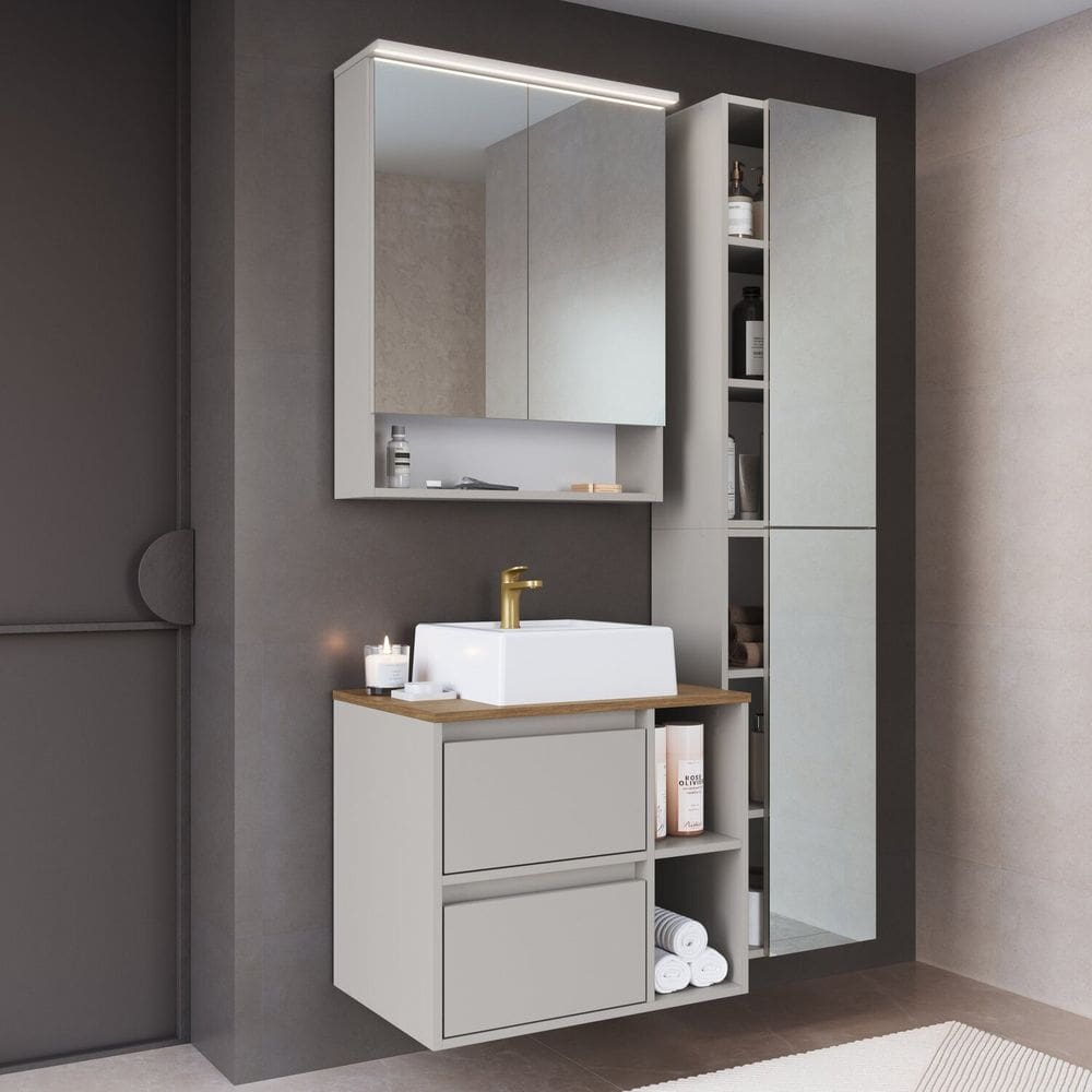 Conjunto Gabinete para Banheiro com 4 Peças Suspenso 96cm Iluminação em Led e Cuba Arenas