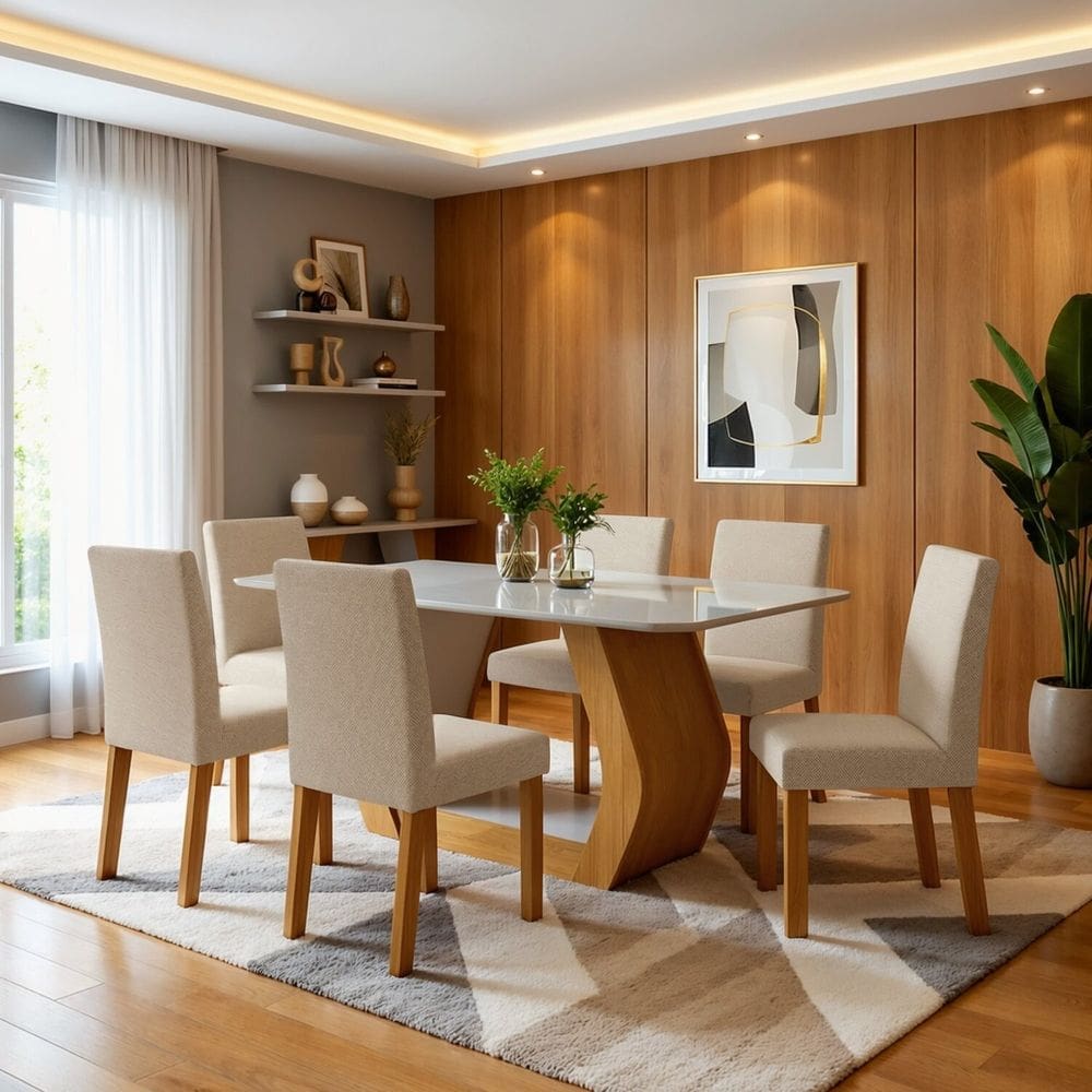 Conjunto Sala de Jantar 6 Lugares Retangulares 160x80cm Tampo Vidro Mdf Laine Amendoa Clean/Off White/Linho Rinzai Bege