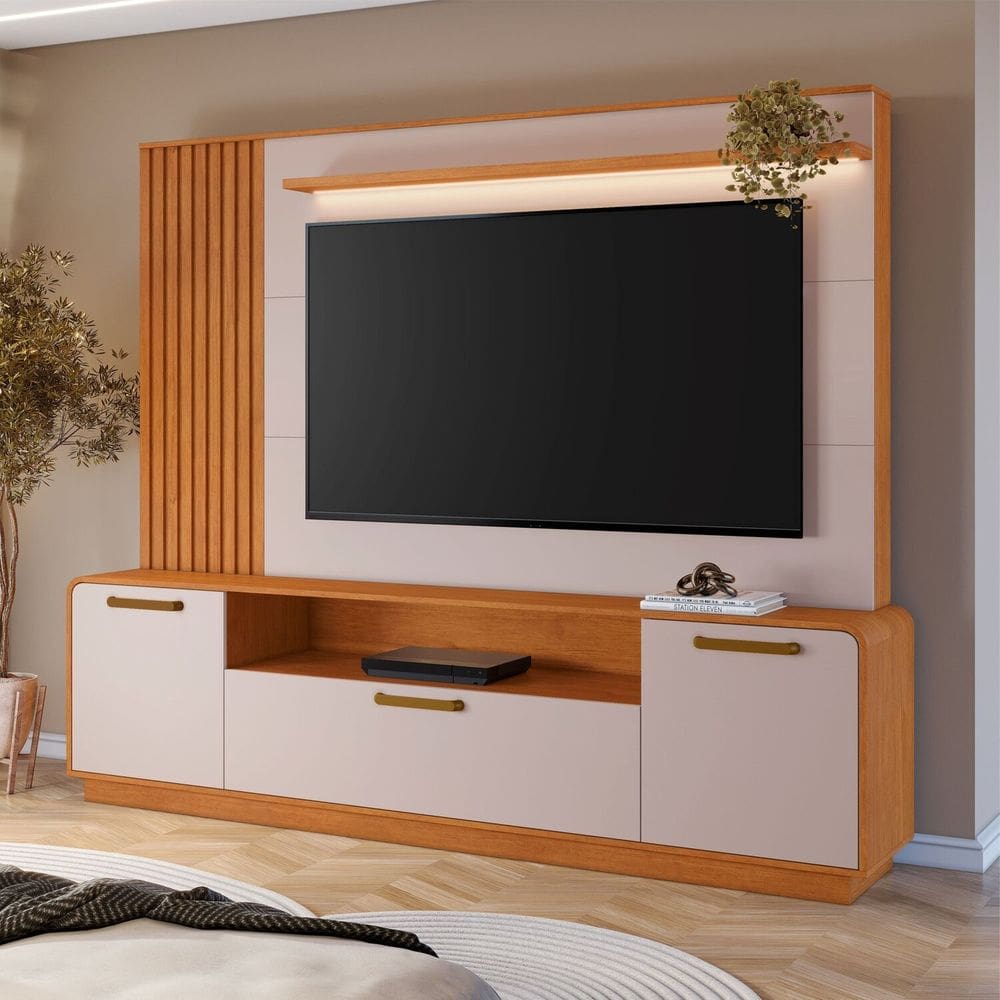 Estante Home Apego 2,00m para Tv até 65” Detalhes Curvos e Ripados CINAMOMO E OFF