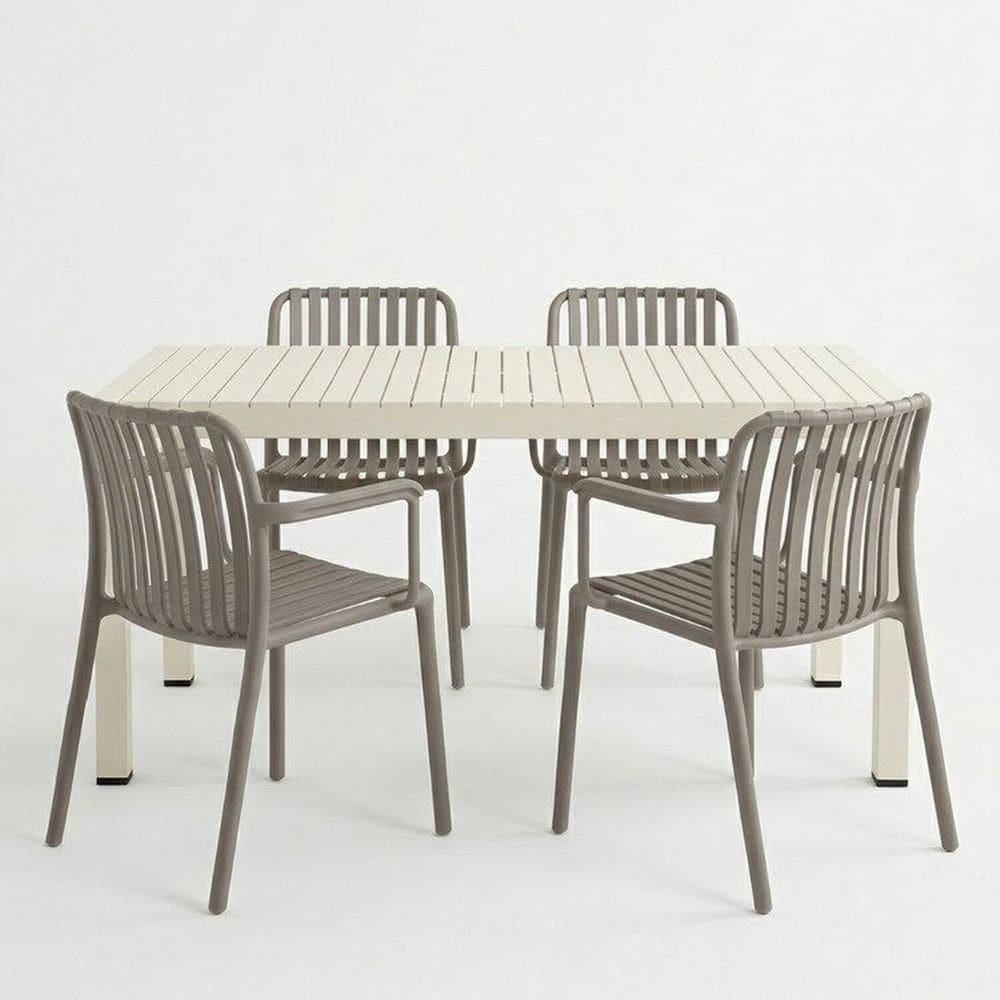 Kit 1 Mesa Creta 140x72cm e 4 Cadeira Tulum em Polipropileno Nude/Cinza