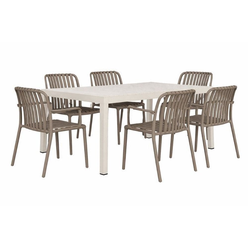 Kit 1 Mesa Creta 140x72cm e 6 Cadeira Tulum em Polipropileno Nude/ Cinza