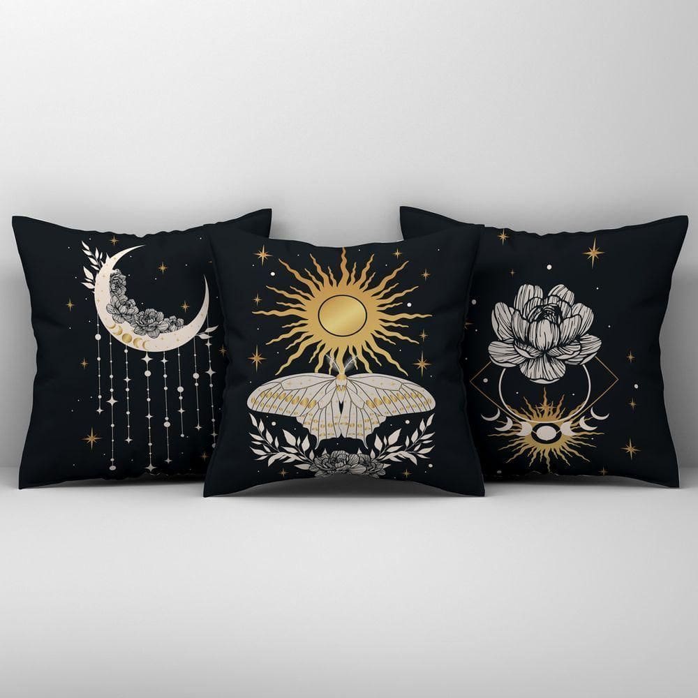 Kit Trio Capas De Almofadas Estampadas Fases Da Lua Em Veludo Suede 45cm X 45cm - Decoração Luxo Para Sala Cor Preto
