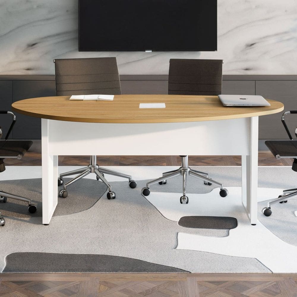 Mesa de Reunião Orgânica 180x105cm com Caixa de Tomadas e Pés em Metal Corporate Macadâmia com Branco