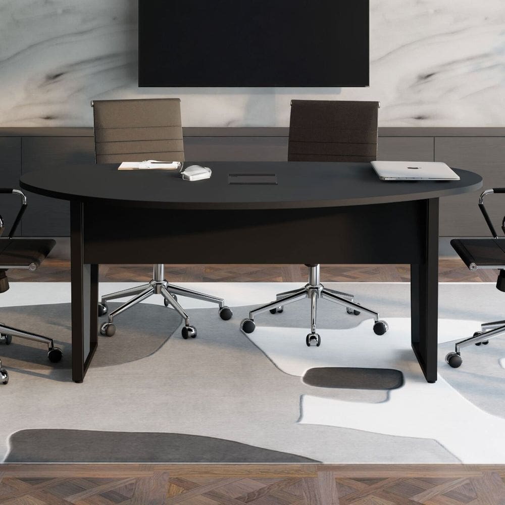 Mesa de Reunião Orgânica 180x105cm com Caixa de Tomadas e Pés em Metal Corporate Preto