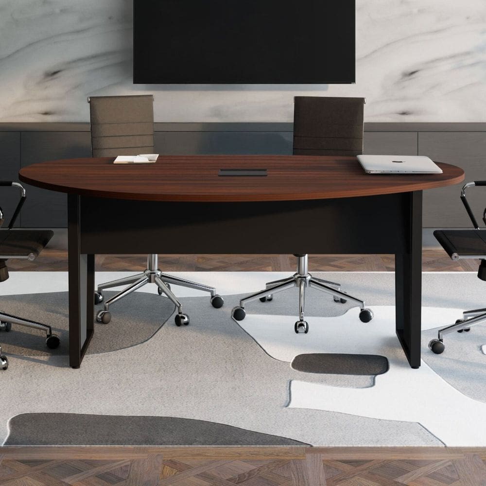 Mesa de Reunião Orgânica 180x105cm com Caixa de Tomadas e Pés em Metal Corporate Louro Preto com Preto