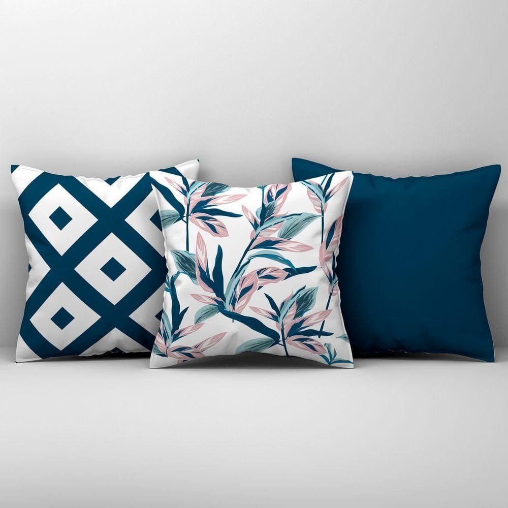 Kit Trio Capas De Almofadas Estampadas Em Veludo Suede 45cm X 45cm - Decoração Luxo Para Sala Cor Azul