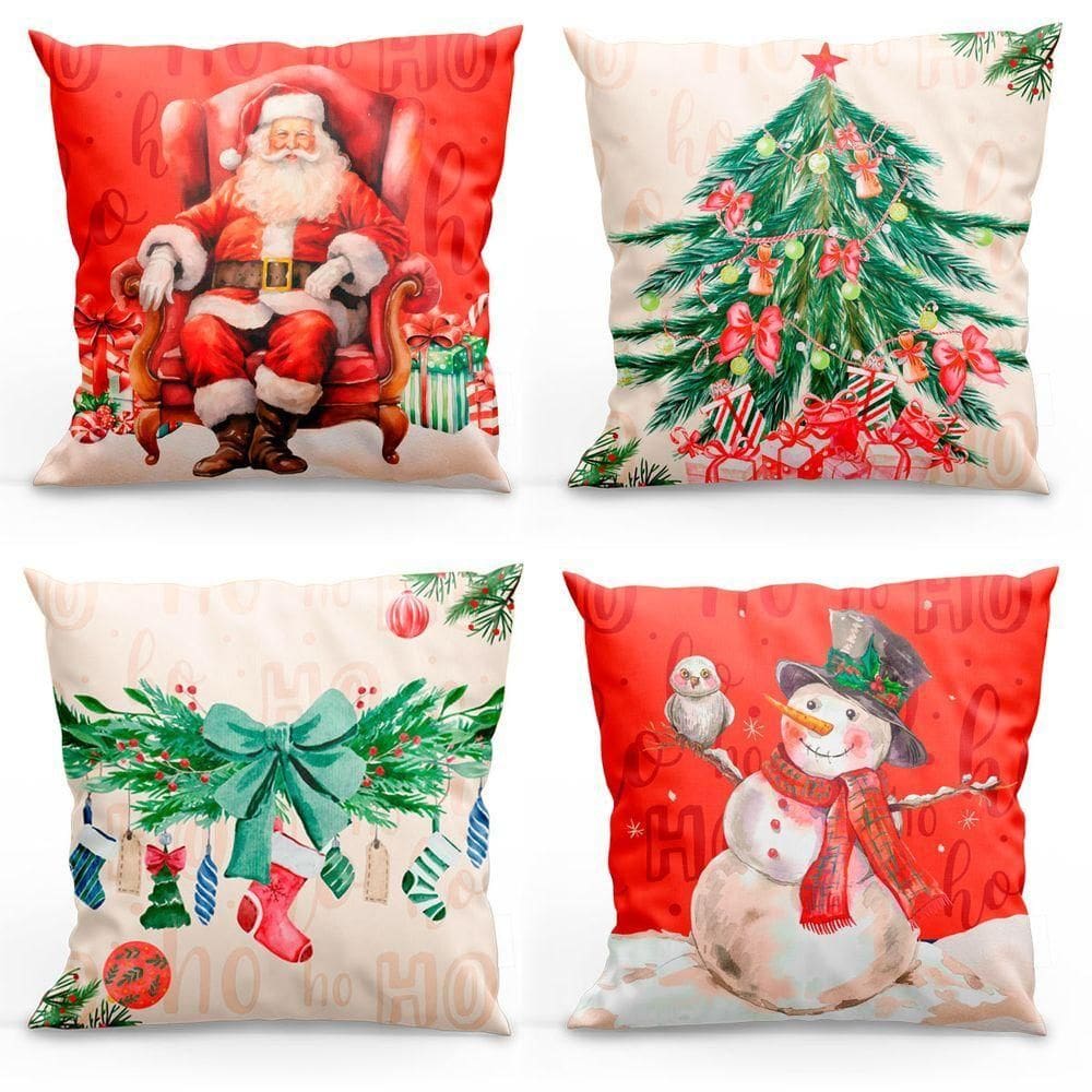 Kit Com 4 Capas De Almofadas Estampadas Natalinas 45cm X 45cm - Decorativas Festas Ceia Fim De Ano Cor Noel Vermelho