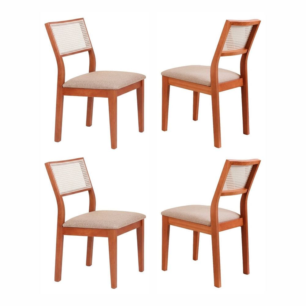 Kit 4 Cadeiras Madeira Maciça com Estofado e Fibra Natural Rattan Maya Espresso Móveis Cinamomo/Bege