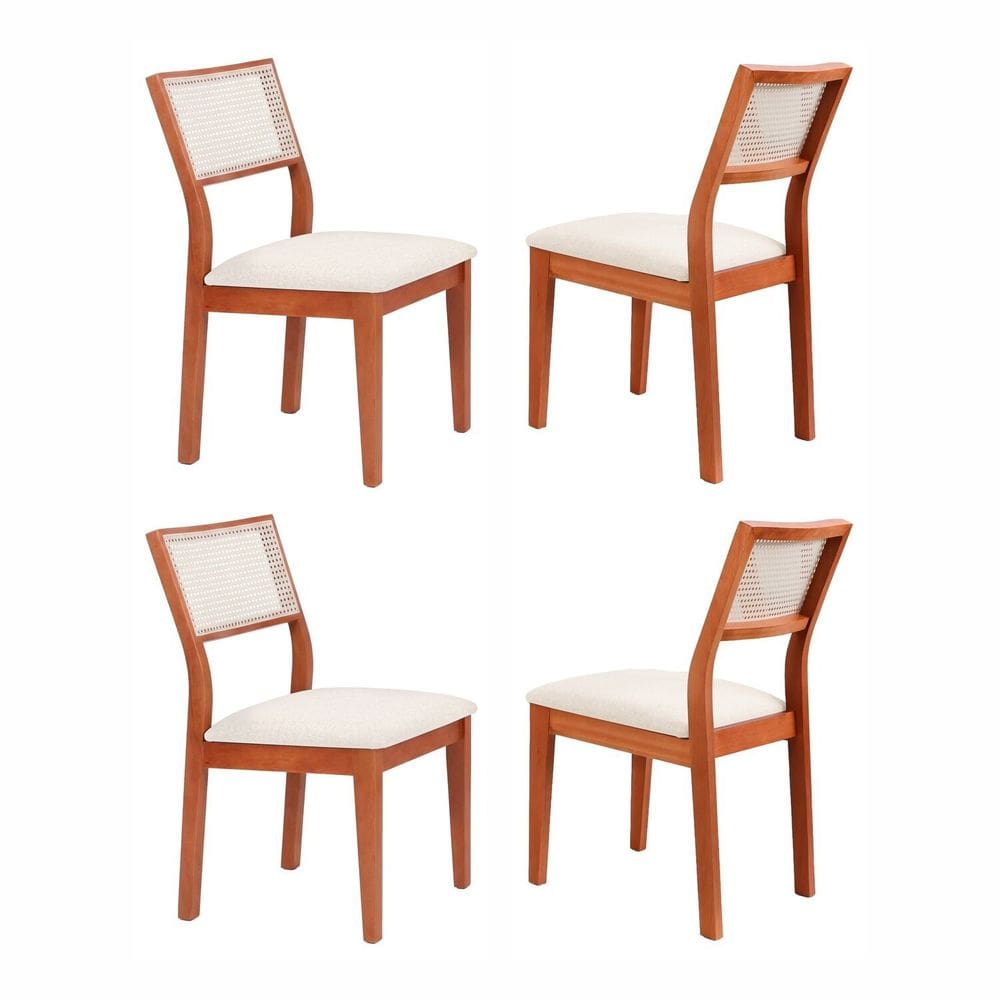 Kit 4 Cadeiras Madeira Maciça com Estofado e Fibra Natural Rattan Maya Espresso Móveis Cinamomo/Off White