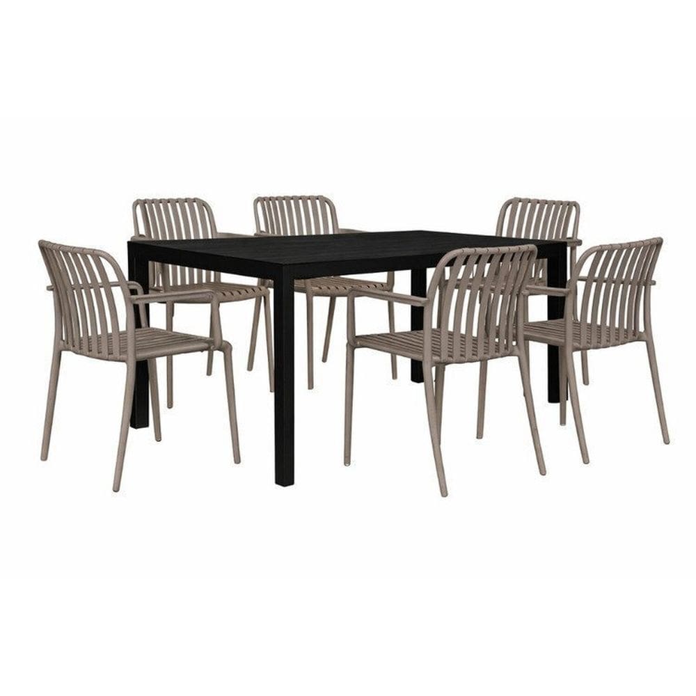 Kit 1 Mesa Creta 140x72cm e 6 Cadeira Tulum em Polipropileno Preto/Cinza