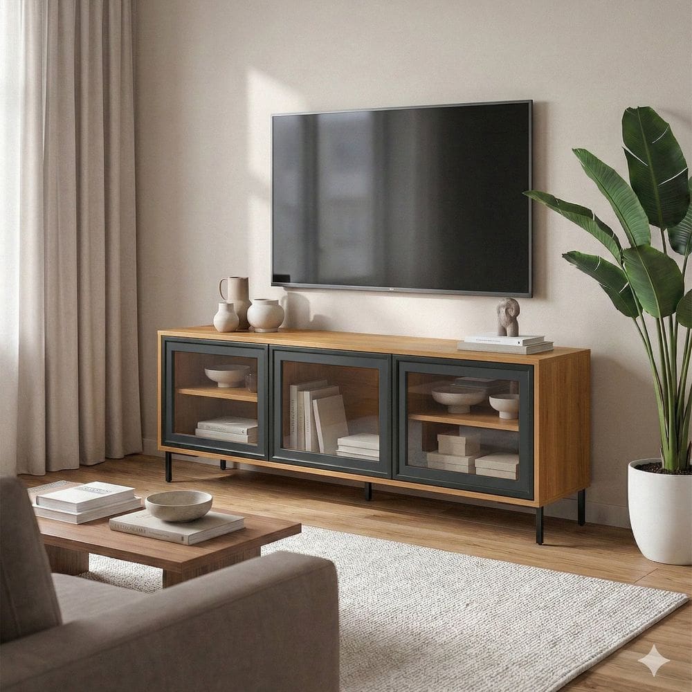 Rack para Tv até 55” com 3 Portas de Vidro e 2 Prateleiras Br149 Lamina Mel/Preto