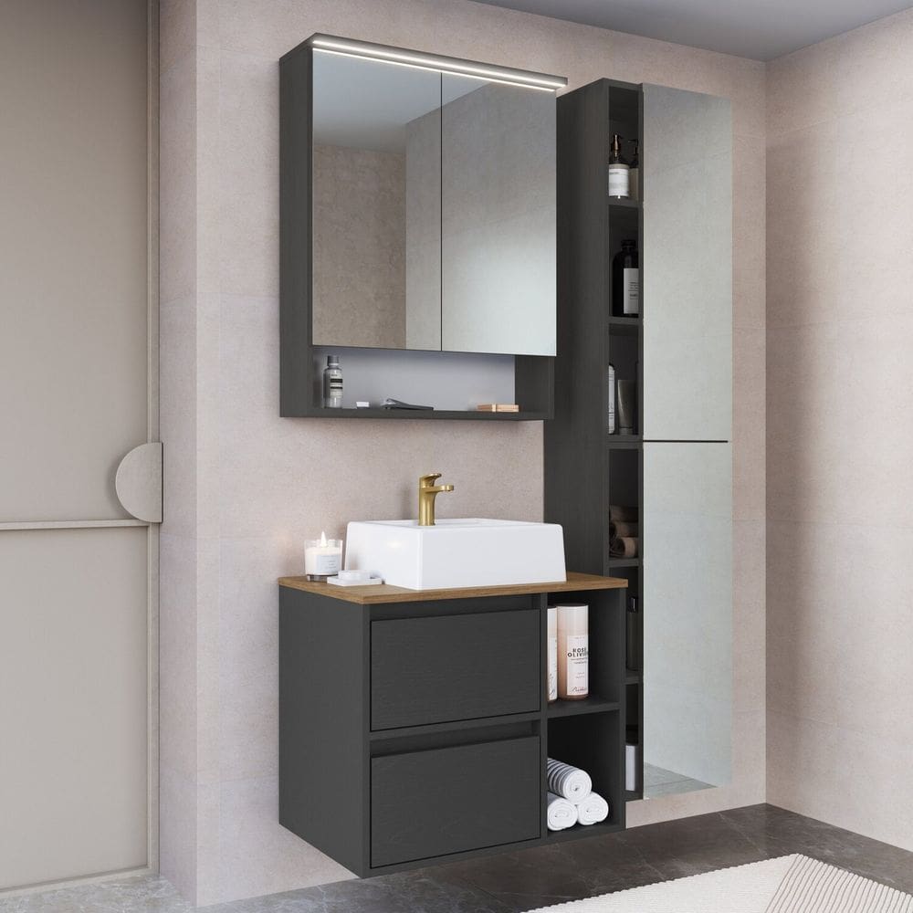 Conjunto Gabinete para Banheiro Suspenso 96cm com 4 Peças Iluminação em Led e Cuba Mel/Grafite