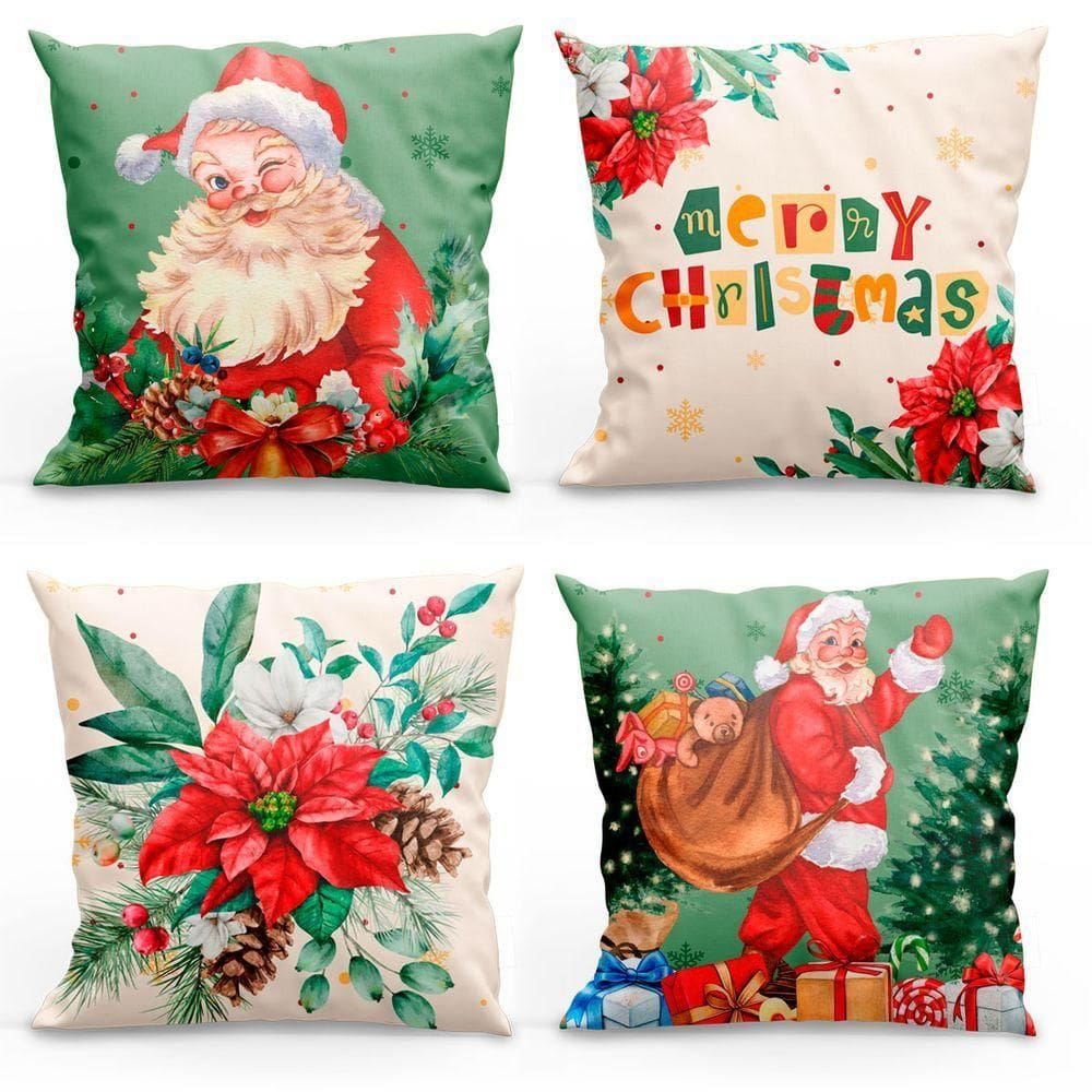 Kit Com 4 Capas De Almofadas Estampadas Natalinas 45cm X 45cm - Decorativas Festas Ceia Fim De Ano Cor Noel Verde