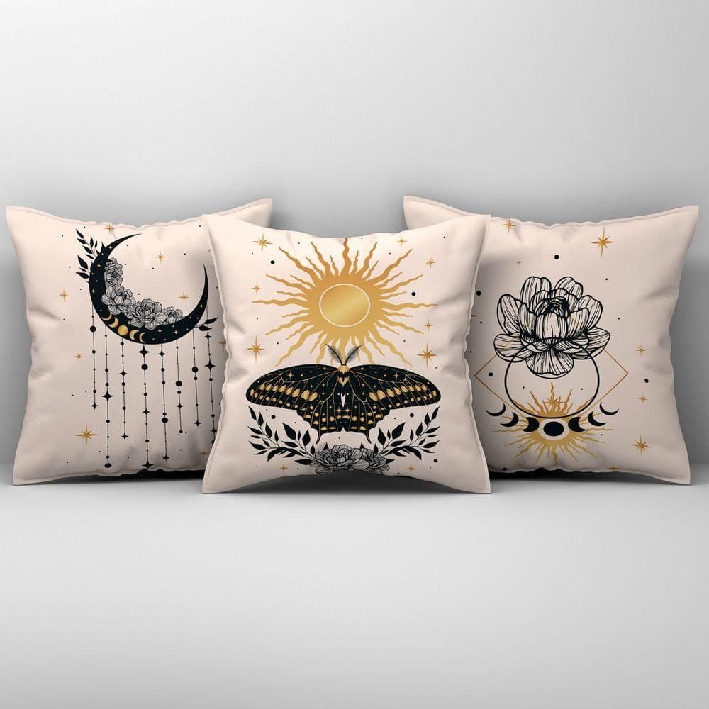 Kit Trio De Almofadas Cheias Fases Da Lua Estampadas Em Veludo Suede 45cm X 45cm Enchimento Em Refil Silicone Cor Bege