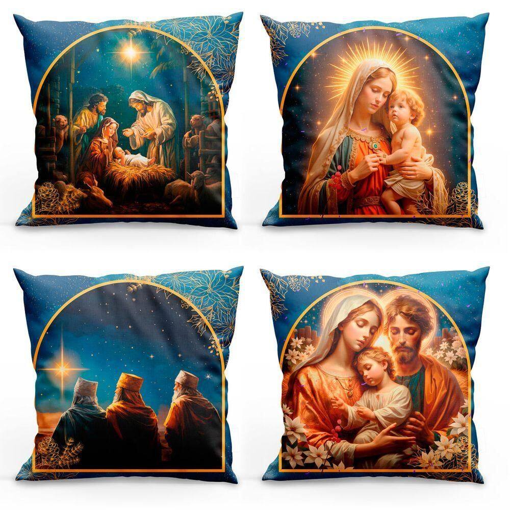 Kit Com 4 Capas De Almofadas Estampadas Natalinas 45cm X 45cm - Decorativas Festas Ceia Fim De Ano Cor Religioso Azul