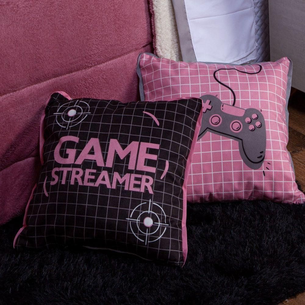 Par De Almofadas Cheias Estampadas Game Streamer Preto/rosê 45cm X 45cm Com Zíper E Viés - Enchimento Silicone