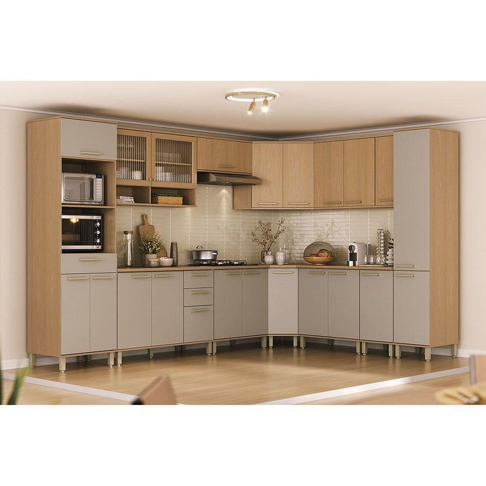 Cozinha Completa De Canto 100% Mdf 12 Pçs Duna Luciane Móvei Freijó-cinammon