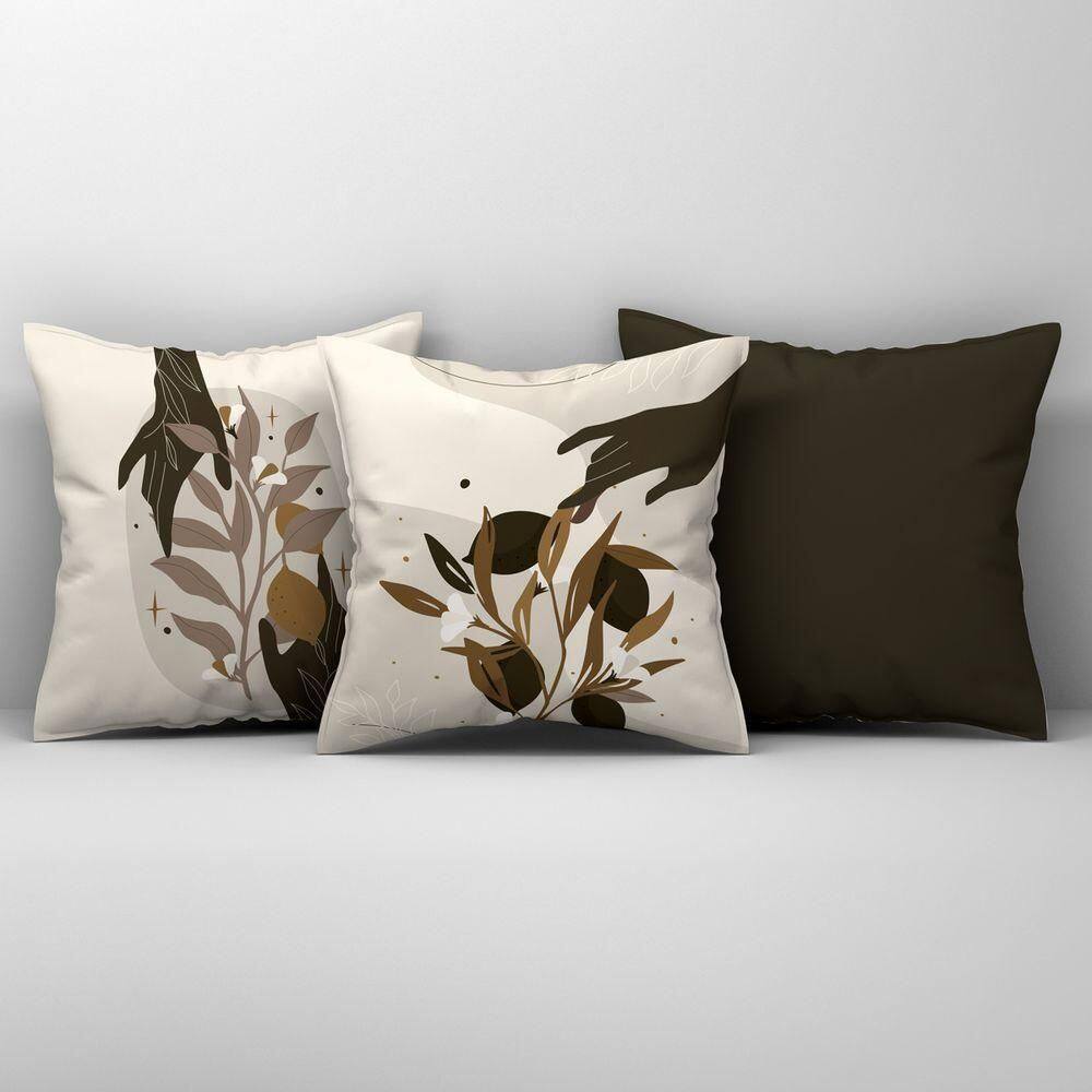 Kit Trio Capas De Almofadas Estampadas Folhas Em Veludo Suede 45cm X 45cm - Decoração Para Sala Cor Tabaco