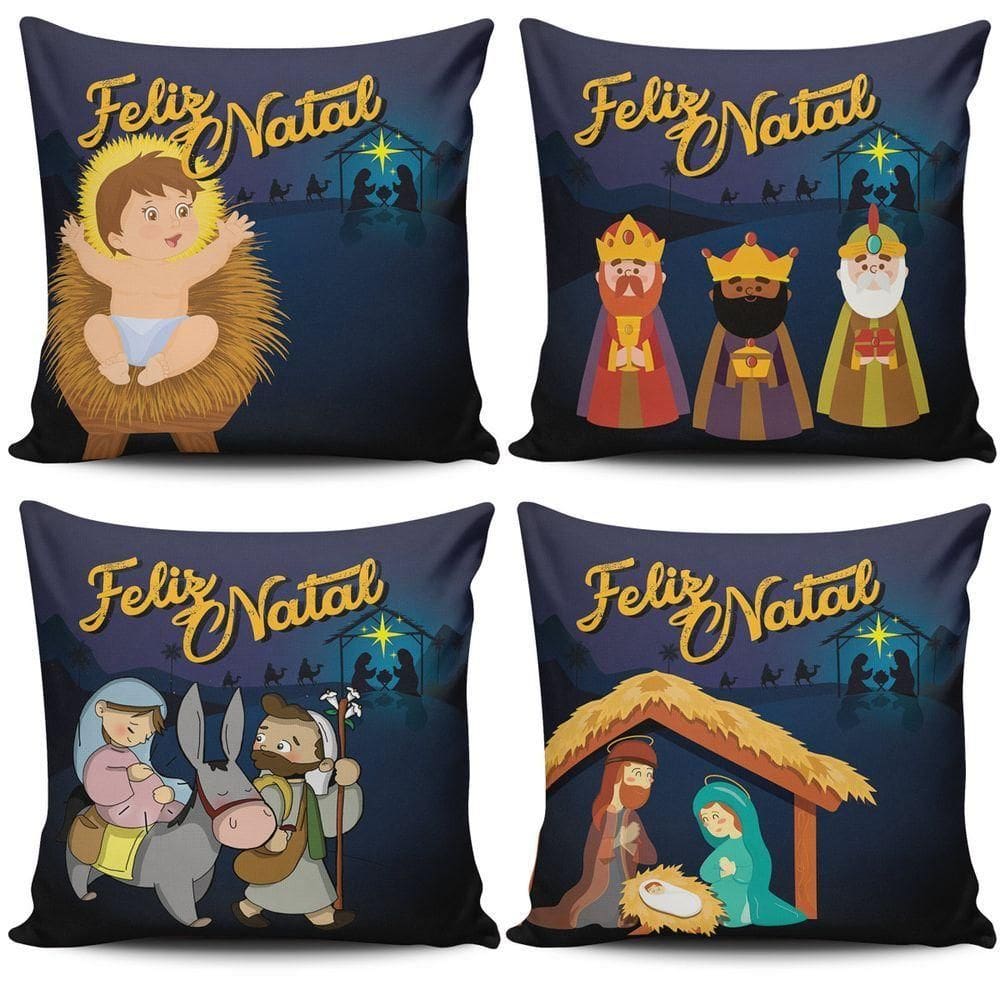 Kit Com 4 Almofadas Cheias Estampadas Natalinas Feliz Natal Família Sagrada 45cm X 45cm Com Refil - Decoração Fim De Ano
