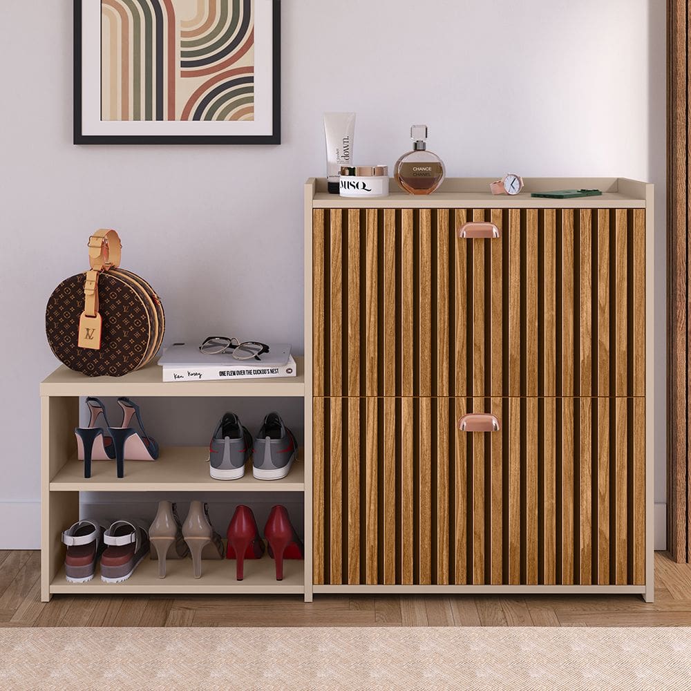 Sapateira Vertical Milano 2 Gavetas Basculantes Prateleira Porta Calçados Banquinho Hall Entrada Canto Quarto Retrô