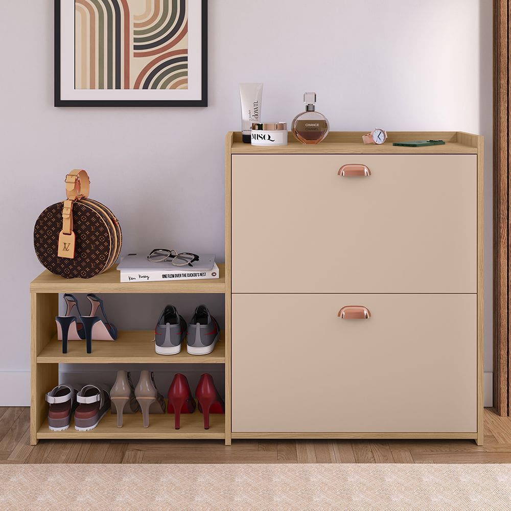 Sapateira Vertical Milano 2 Gavetas Basculantes Prateleira Porta Calçados Banquinho Hall Entrada Canto Quarto Retrô - RPM