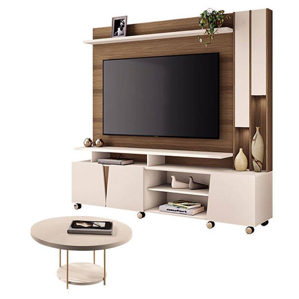 Estante Home Theater Virtus Castanho Off White com Mesa de Centro Sky Off White - HB Móveis