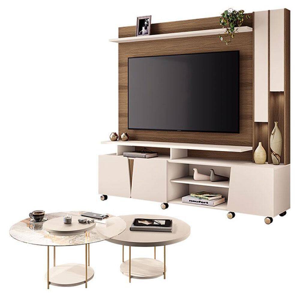 Estante Home Theater Virtus Castanho Off White com Kit Mesa de Centro Sky Off White - HB Móveis