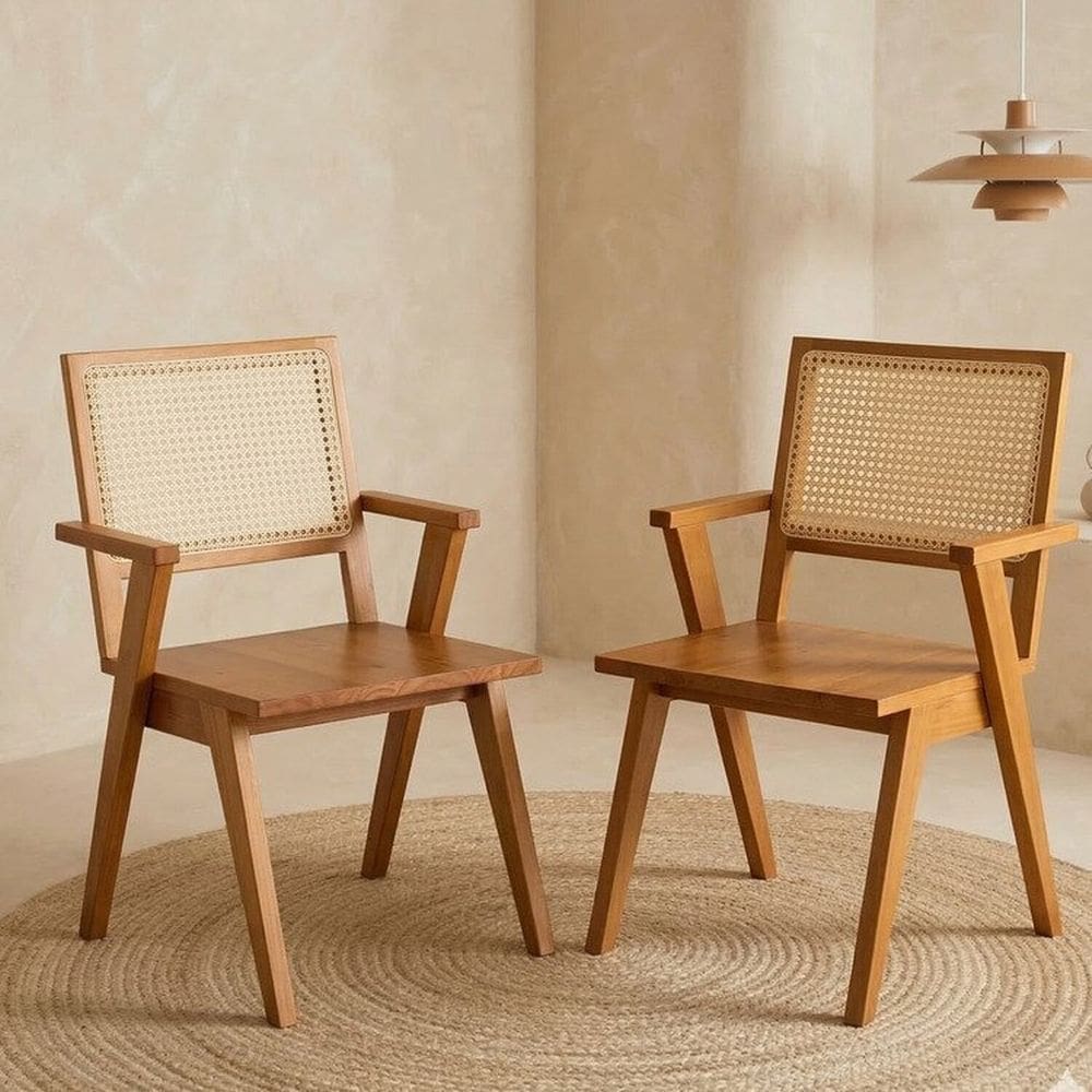 Kit 2 Cadeiras Madeira Maciça em Palhinha Natural e Braço Angular Paglia Mel