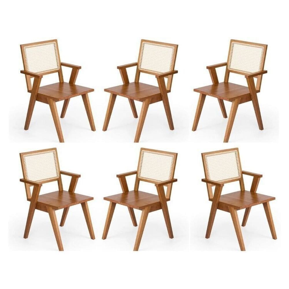 Kit 6 Cadeiras Madeira Maciça em Palhinha Natural e Braço Angular Paglia Mel