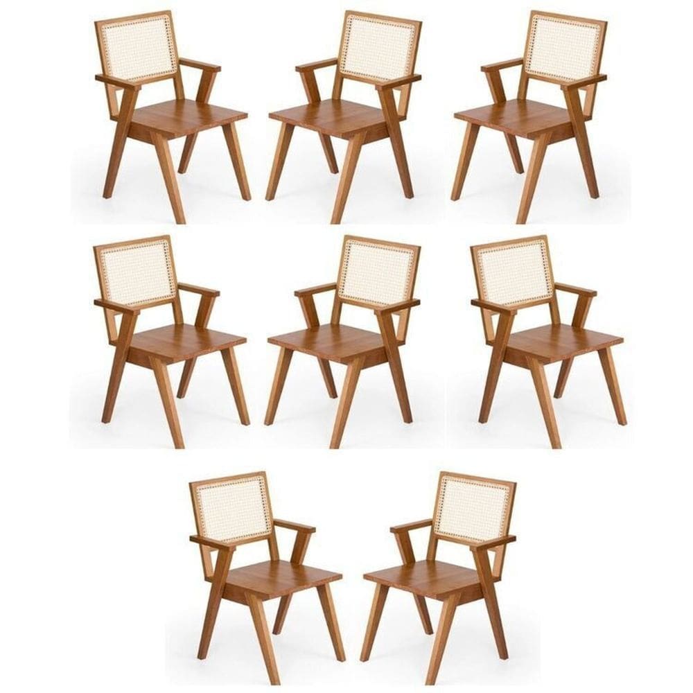 Kit 8 Cadeiras Madeira Maciça em Palhinha Natural e Braço Angular Paglia Mel