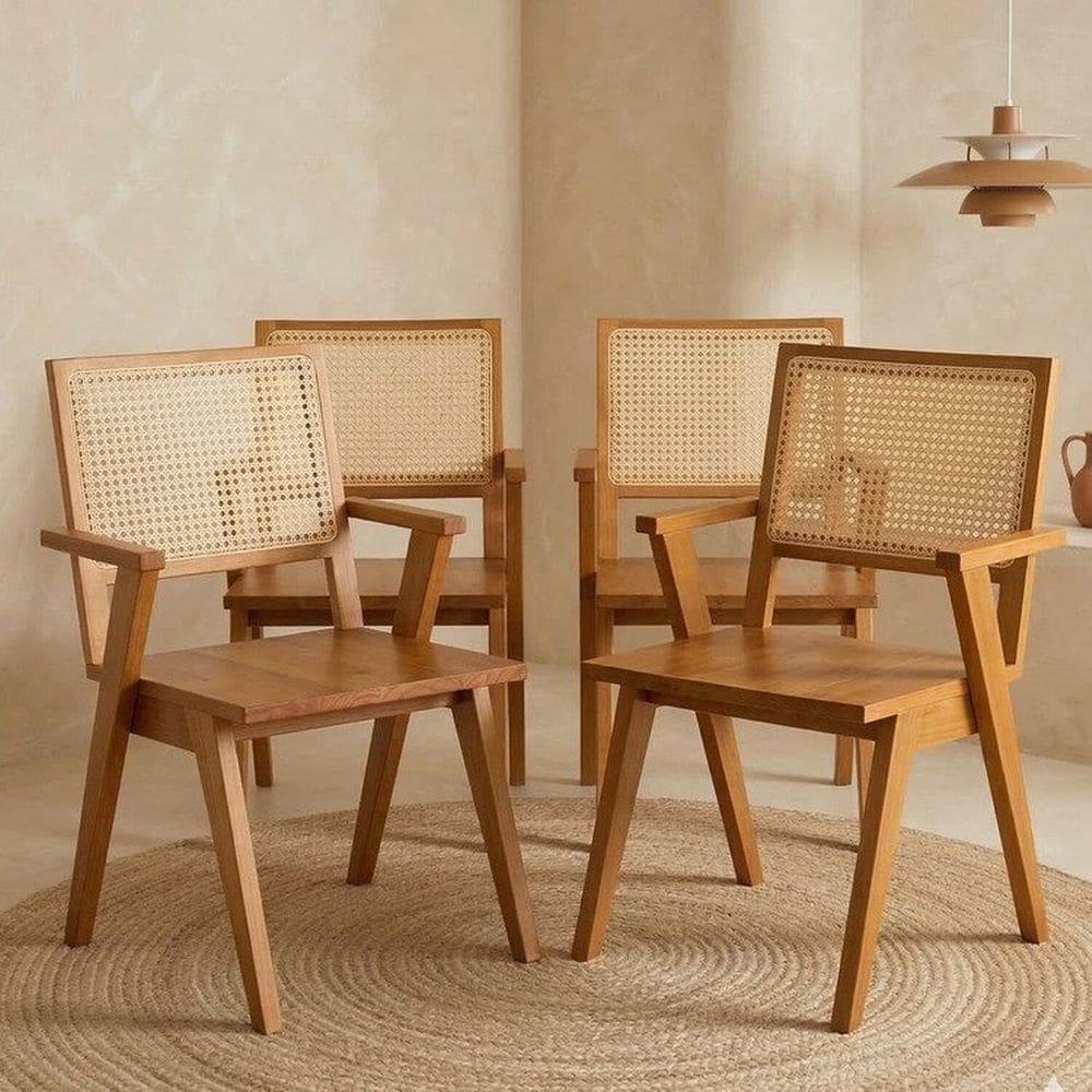 Kit 4 Cadeiras Madeira Maciça em Palhinha Natural e Braço Angular Paglia Mel